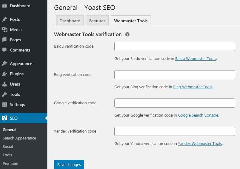 yoast webmaster tools verification